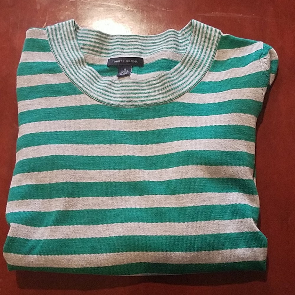 Tommy Hilfiger green gray striped roll tab scoop neck sweater Medium